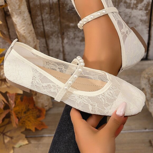 Romantic Floral Lace Mesh Flats with Pearl Strap Square Toe Ballerina - Picture 1 of 4